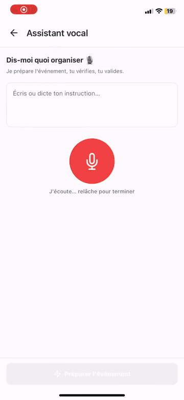 Démo de l'assistant vocal IA de To Gather créant un événement à partir d'une phrase dictée