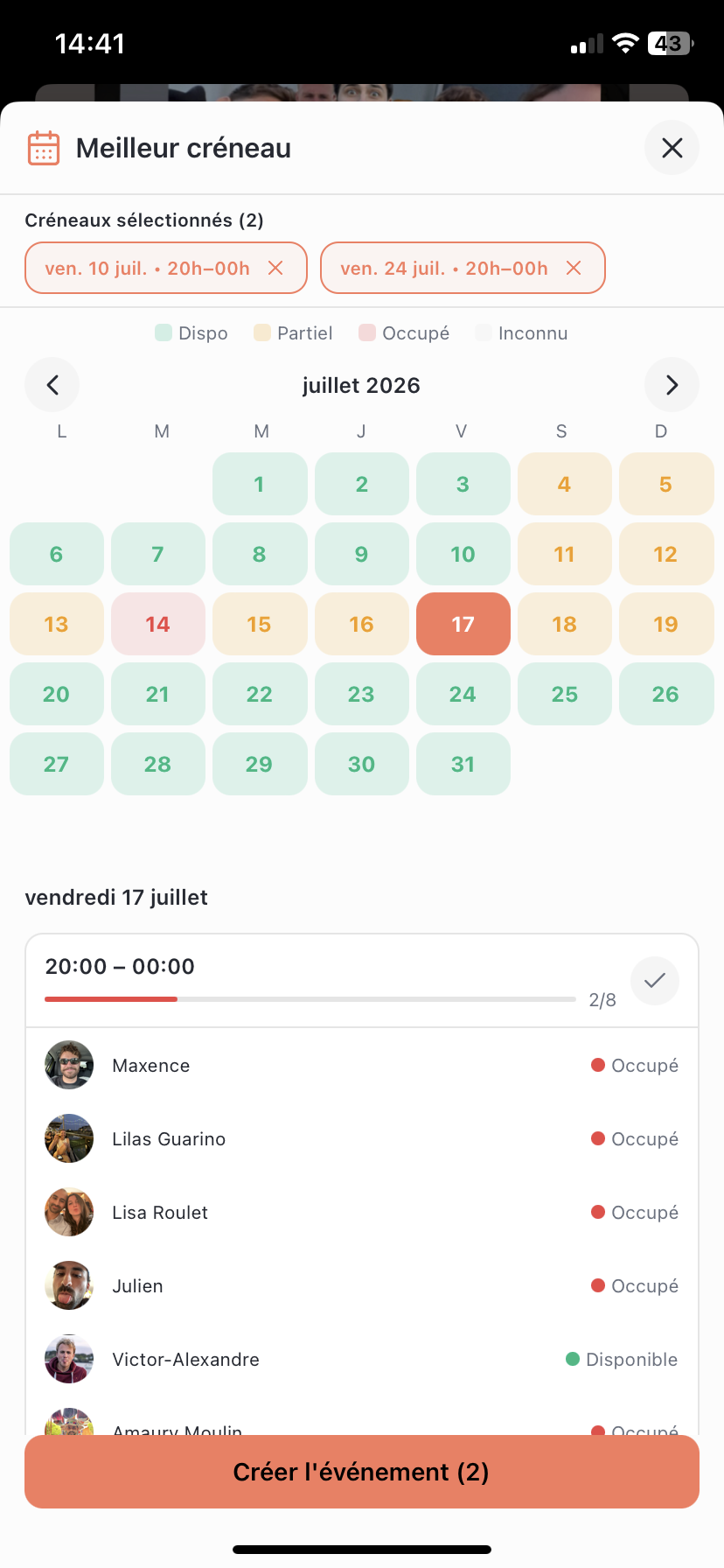 Heatmap des disponibilités d'un groupe d'amis dans To Gather, alternative française à Doodle