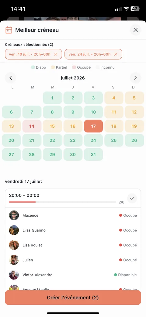 Availability heatmap for a group of friends in To Gather, the automatic way to find a date that works for everyone