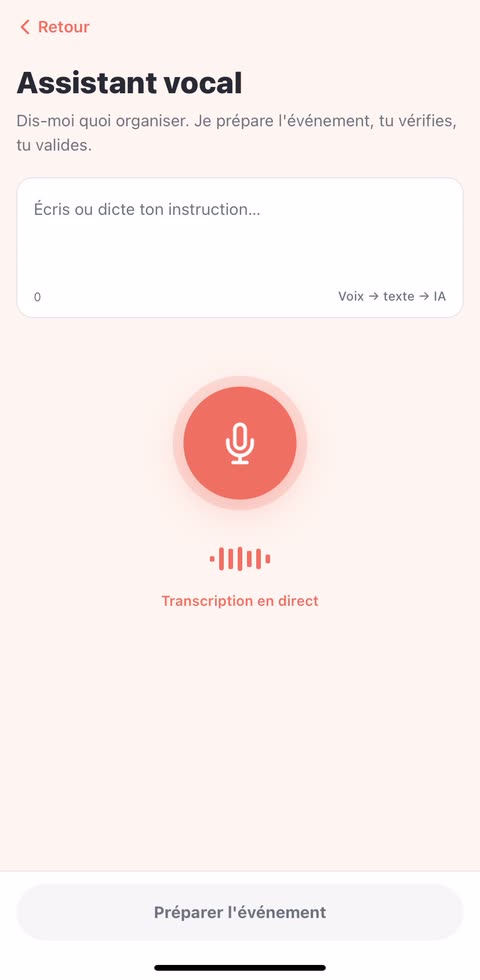App demo: dictate the event, the app suggests slots that work for everyone, and the event is created